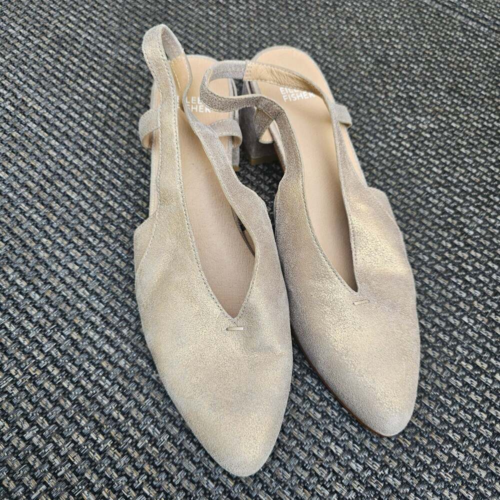 Eileen Fisher Metallic Gold Leather Slingback Block Heel Shoes Size 10
